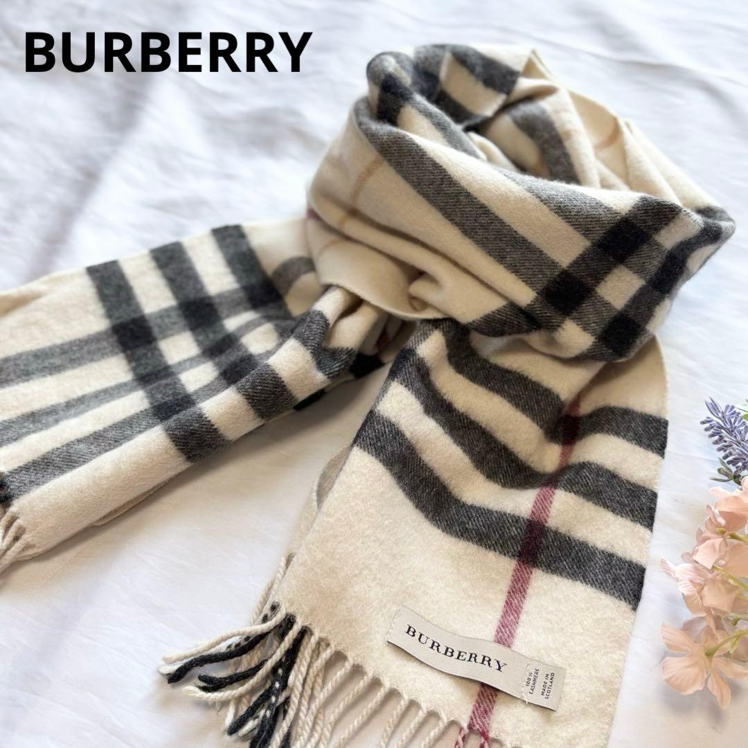 【人気】　バーバリー　カシミヤ100％　マフラー　メガチェック　英製　アイボリー