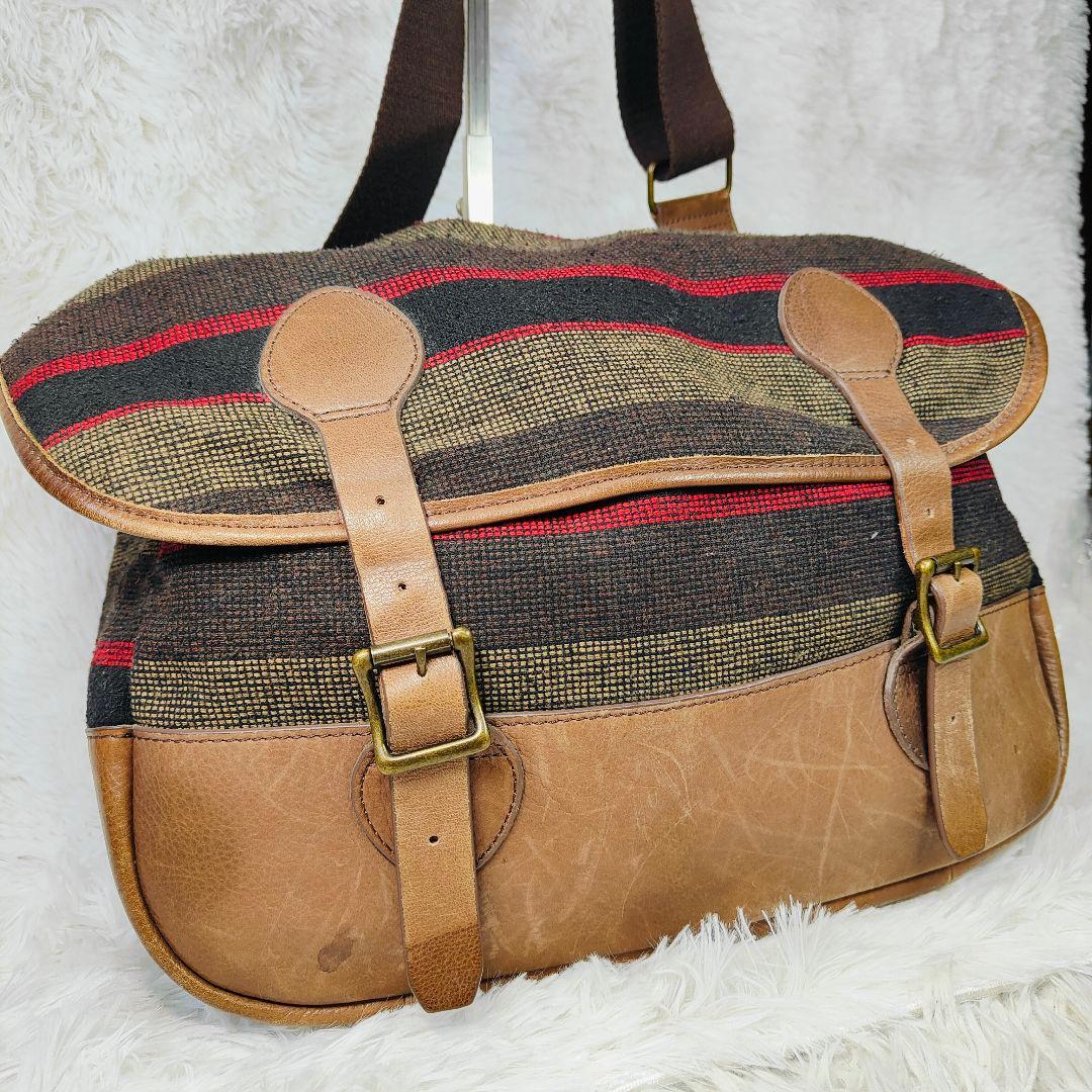 エルエルビーン 90年代ツイードレザー メッセンジャーバッグ　茶　ボーダー