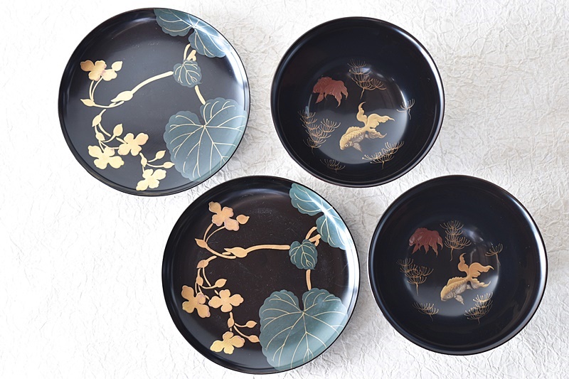 時代漆器 天然木製漆塗 金魚盛り上げ蒔絵 盃洗 皿付き 2客セット