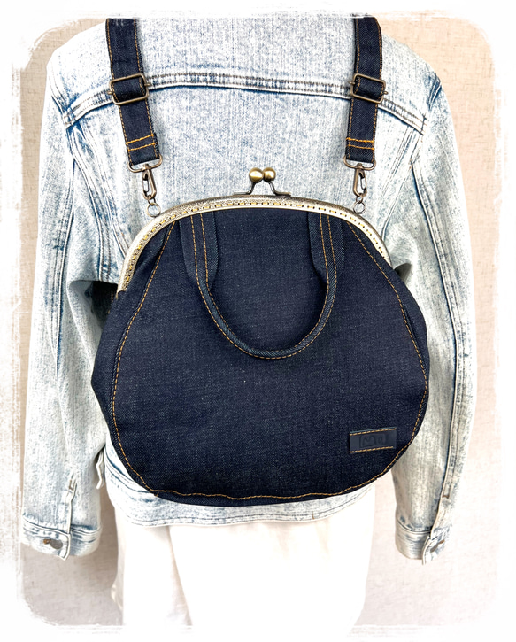 60.受注制作/送料込 3waybag デニム25cmがま口リュック&ショルダー