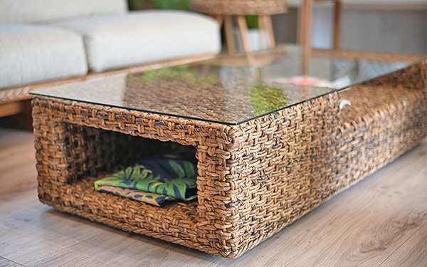 ローテーブル 幅120cm ガラス天板 ハワイアンリゾート風 バナナリーフ