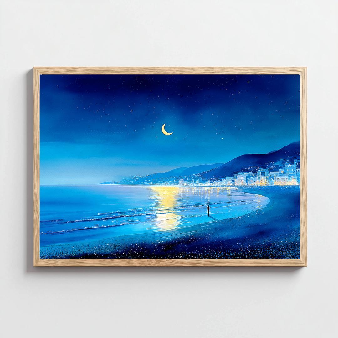 A4 月が立つ夜の海辺｜幻想的なペンと水彩の風景画 - メルカリ