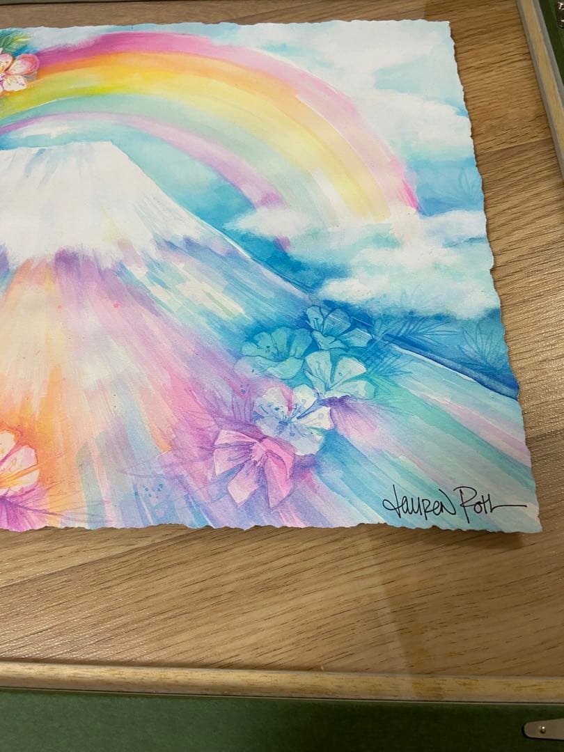 額付 ローレンロス 絵画 直筆サイン入 高画質プリント 富士山 虹