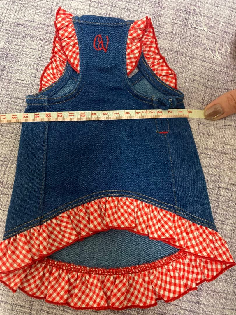 デニム犬服 ギンガムチェック フリル付き