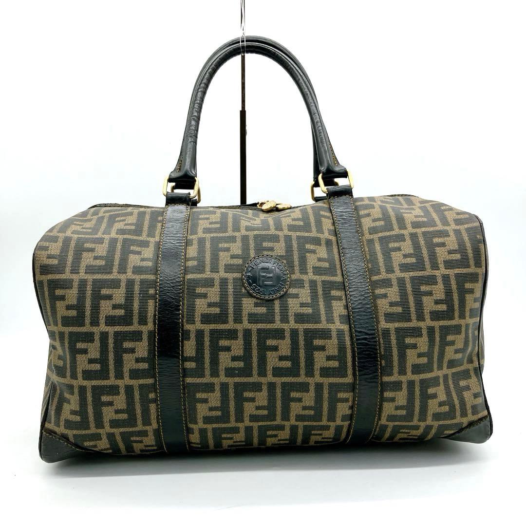 【FENDI】ボストンバッグ　ズッカ柄　ゴールド金具　ブラウン　PVC