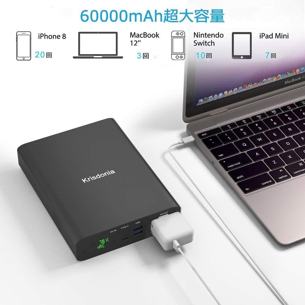ポータブル電源 大容量60000mAh/222Wh AC TYPE-C USB