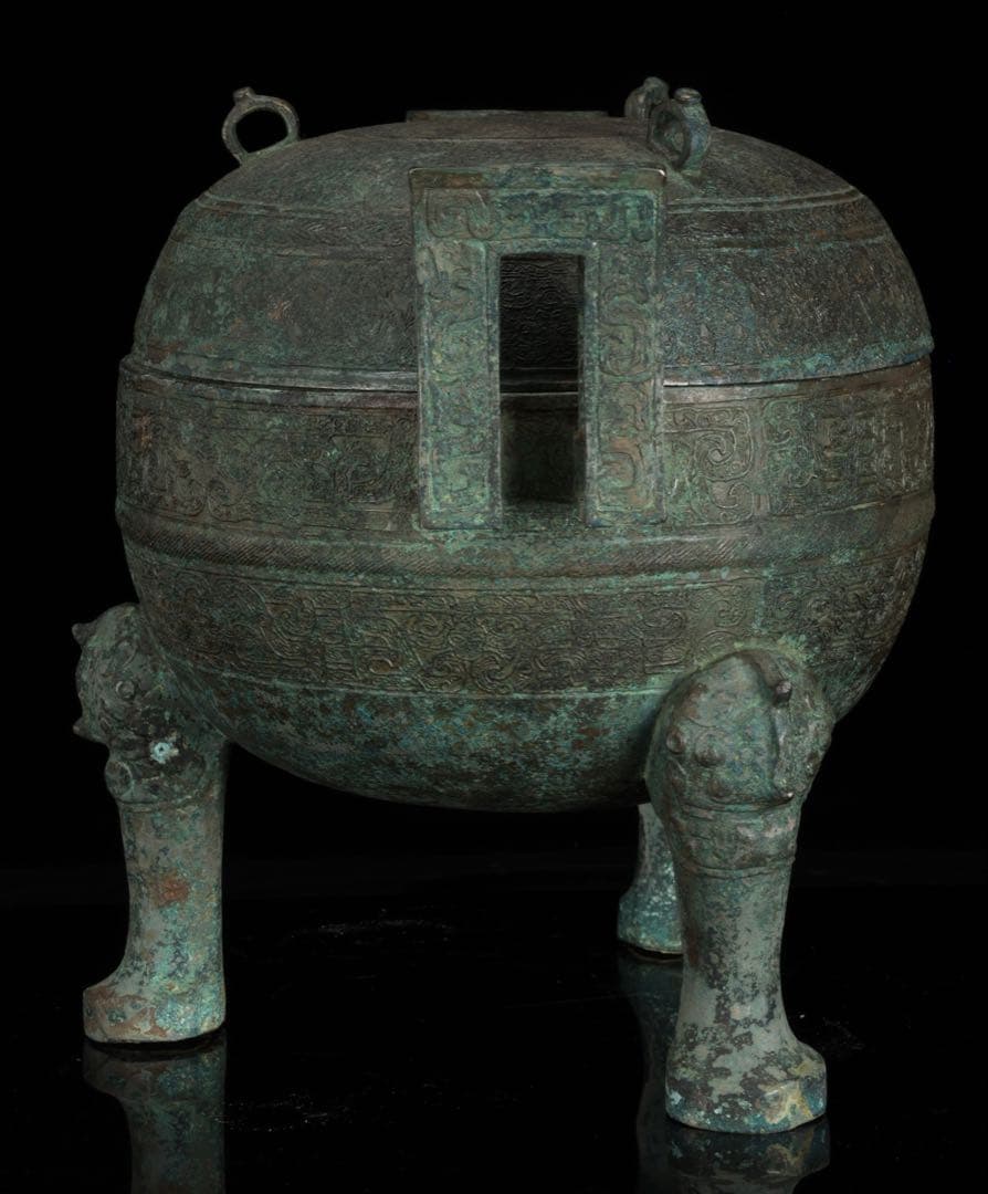 春秋時代 青銅蟠螭紋鼎 三足双耳鼎 蓋付 共箱 古銅器 唐物 時代 古美術 骨董