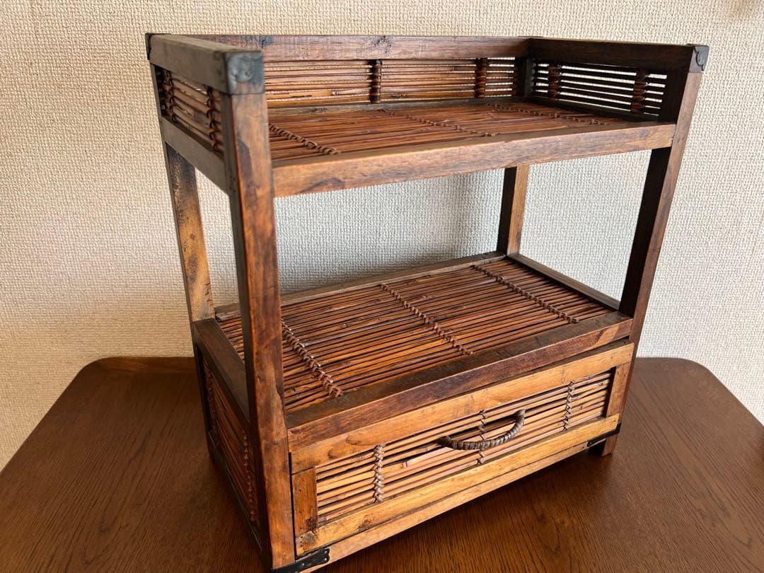アジアン バンブー 木製2段ラック 引き出し付 37×19×39cm