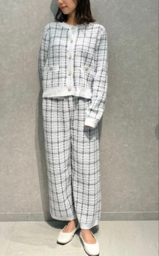 未使用ジェラートピケ　チェック柄カーディガン&ロングパンツセット