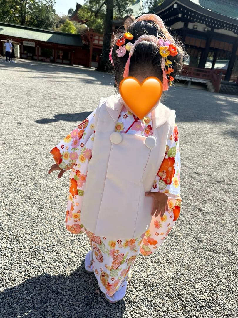 七五三 着物セット 花柄 オレンジ ピンク 黄色　3歳 被布 髪飾り かんざし