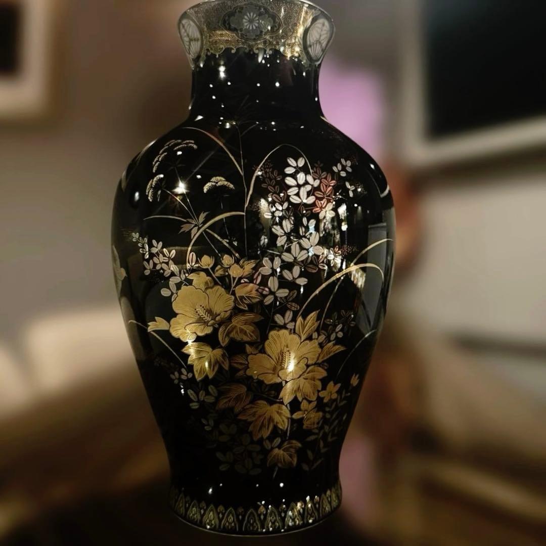 美濃焼 山治陶苑 正峯窯 御花瓶 正峰作/花瓶 花器 花生 黒 金彩 和風飾り