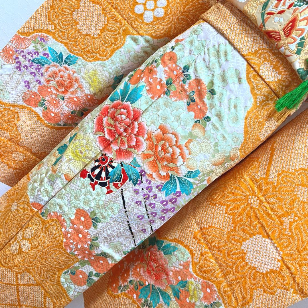 465 振袖フルセット 正絹 オレンジ 橙 金彩 絞り 駒刺繍 華やか ビビット