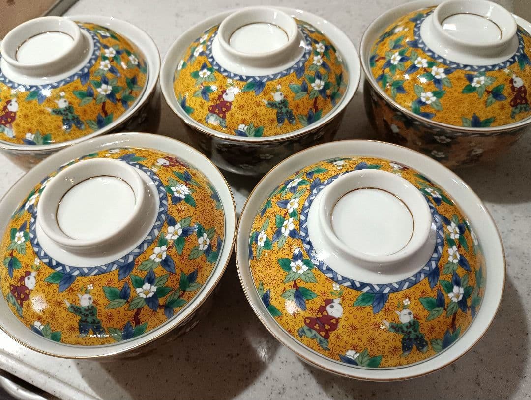 第一陶器　翔山窯　黄地唐子　蓋付き丼ぶり揃　5客　色絵　どんぶり　雑煮碗　中鉢