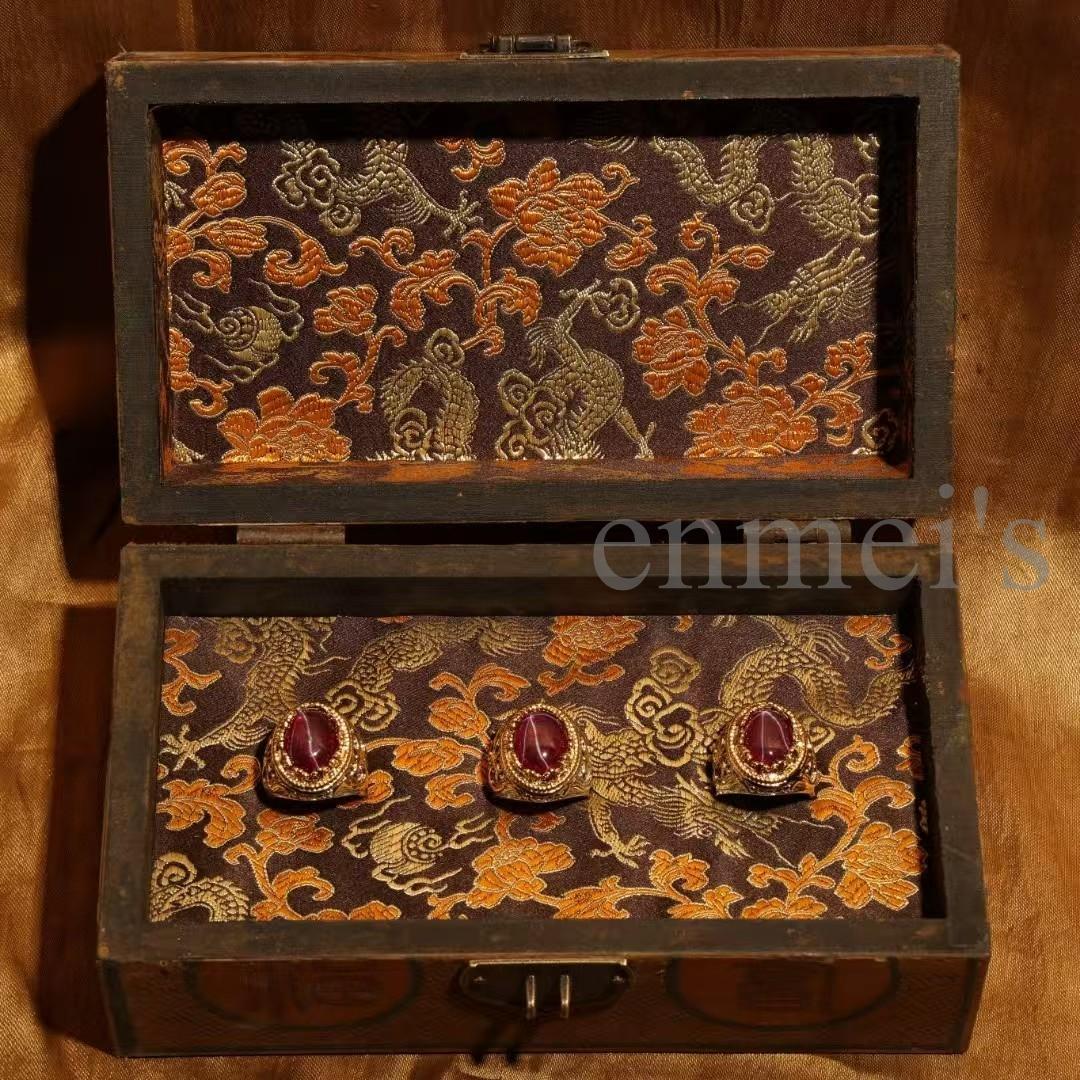 中国古美術・花絲細工×鎏金 赤星光ルビーリング 3点セット・宮廷風・装飾品・箱付