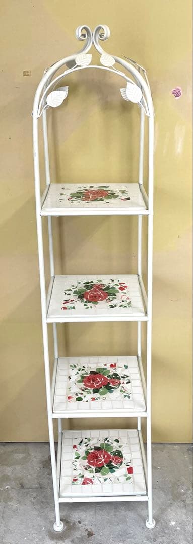 花柄タイル張り ガーデンラック ホワイト4段ラック 薔薇 美品