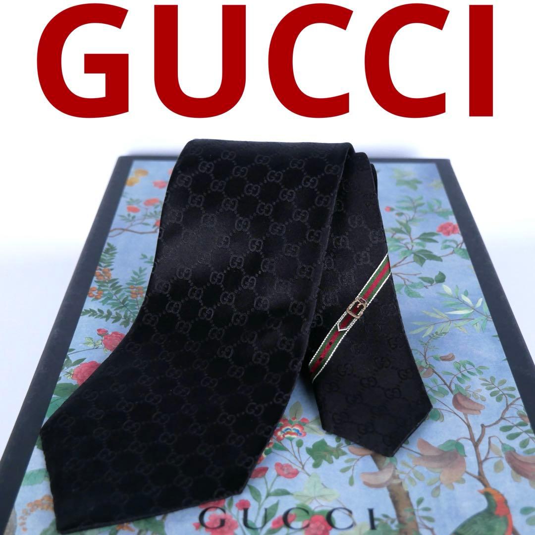 ✨美品✨GUCCI ネクタイ　シェリーライン ジャガード織　GG　ブラック