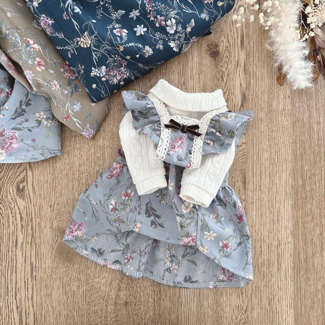 ハンドメイド　花柄ウール混ビエラプリントフリルワンピース　犬服