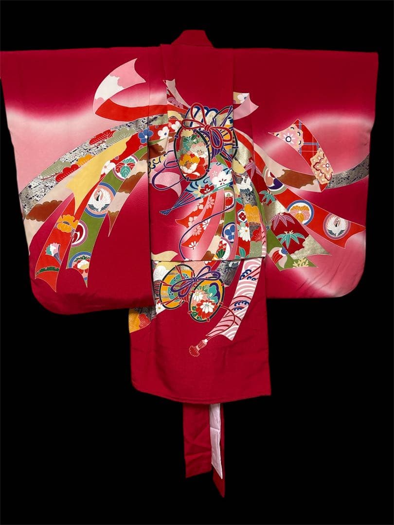 七五三 女の子 三歳 祝着 赤系 豪華友禅柄　正絹着物