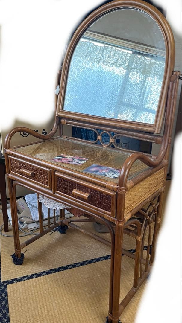 ヴィンテージラタン鏡面ドレッサー　レトロunico