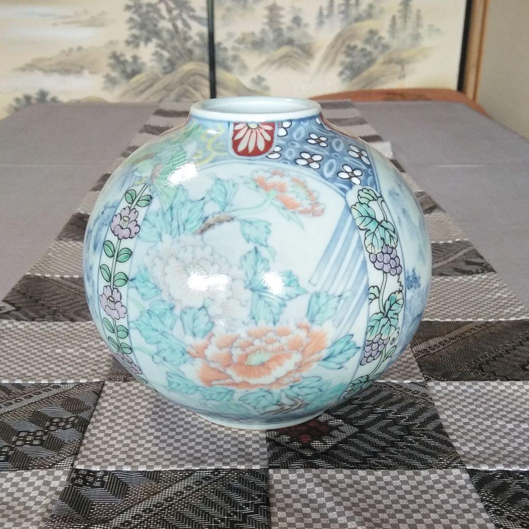 有田焼 走波窯 六代走波作 染錦花鳥文山水壷