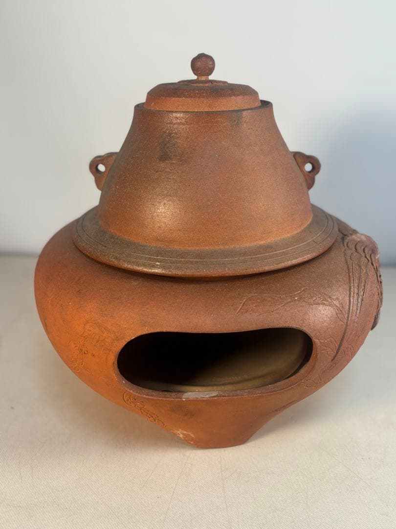 陶器製茶道具 鳳凰風炉　茶釜　敷板(皿)付き