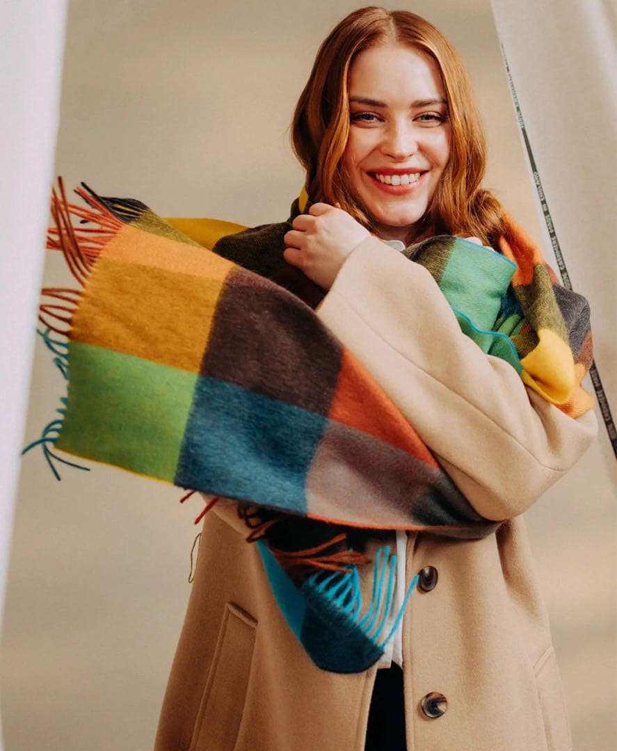 美品 ジョシュアエリス 大盤 ストール マルチ ブロックチェック 50×190