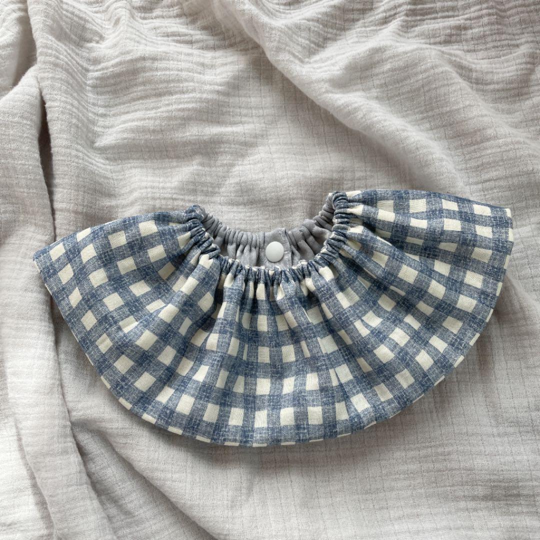 再販★デニムギンガムチェック×三角グレー★ ハンドメイド　リバーシブル　スタイ