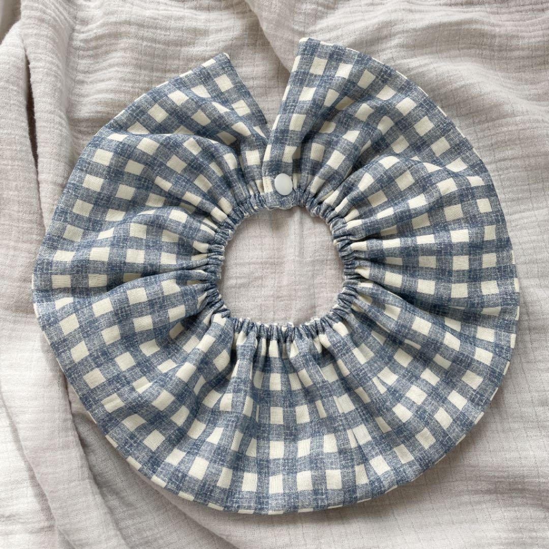 再販★デニムギンガムチェック×三角グレー★ ハンドメイド　リバーシブル　スタイ