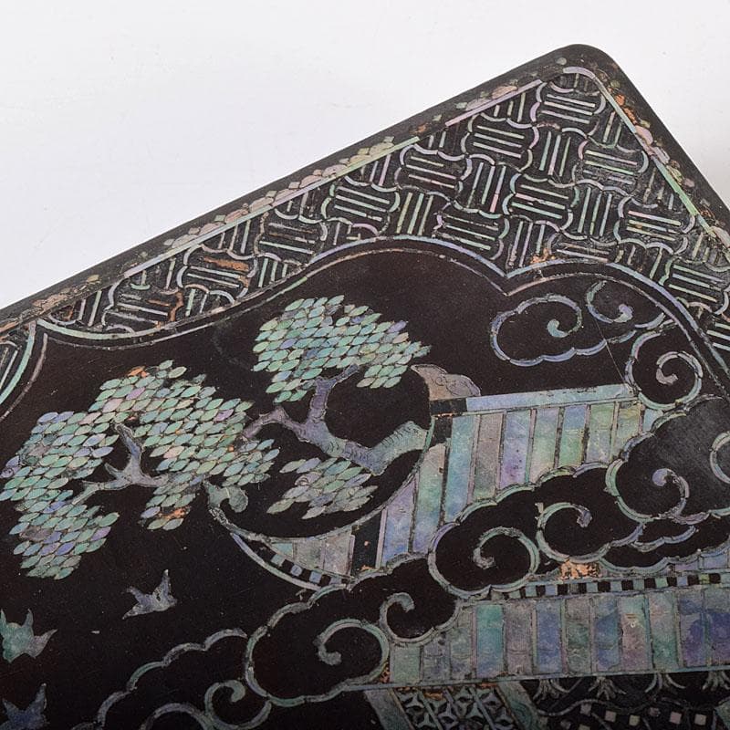 さき　中国　黒漆　螺鈿装飾山水人物文　硯箱　硯　墨　水滴一式　GR8428