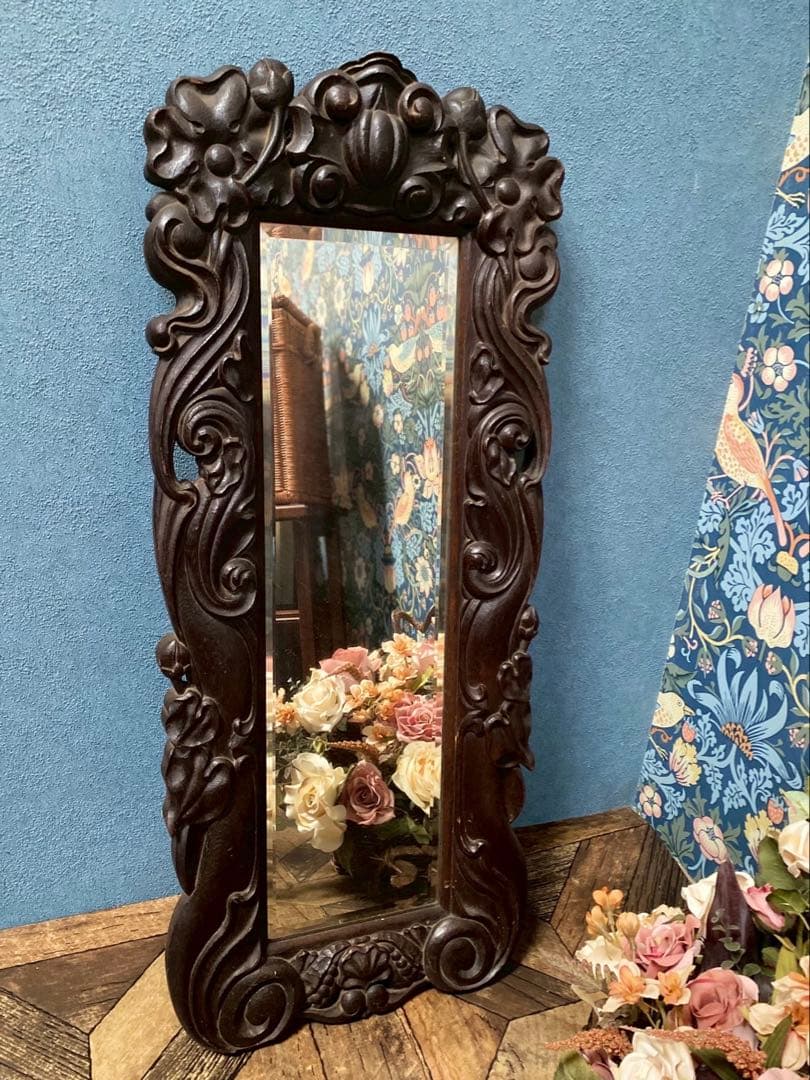 qp＊木製 ウォールミラー 壁掛け 鏡 インテリア 昭和レトロ 当時物