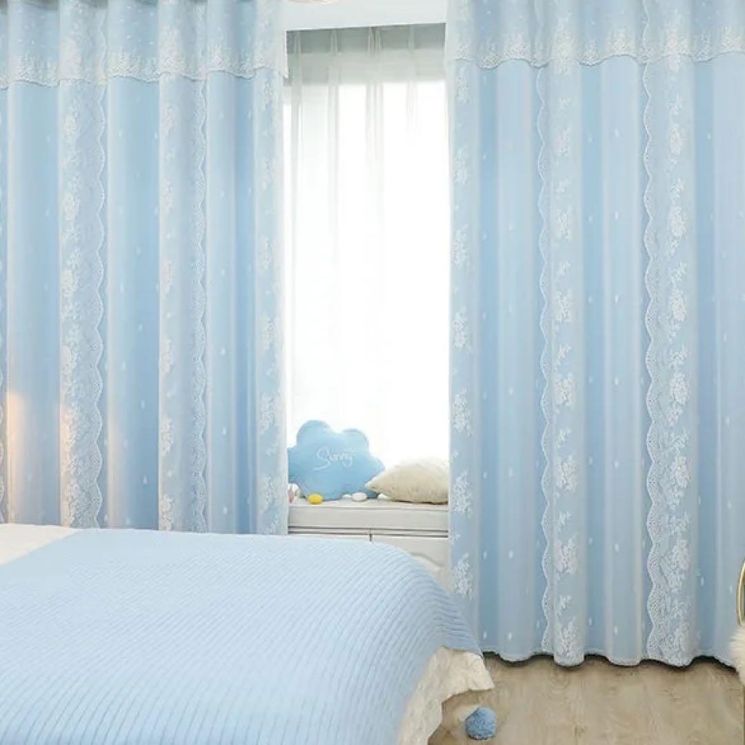 水色 遮光カーテン 2枚 タッセルセット 姫系 ロリータ