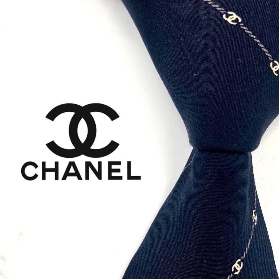 ◆美品◆CHANEL ネクタイ 紺色 ストライプ柄 ココマーク 希少