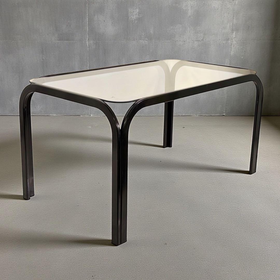 HR906 レトロなガラステーブル　 スチール　黒 長方形 80's 90s