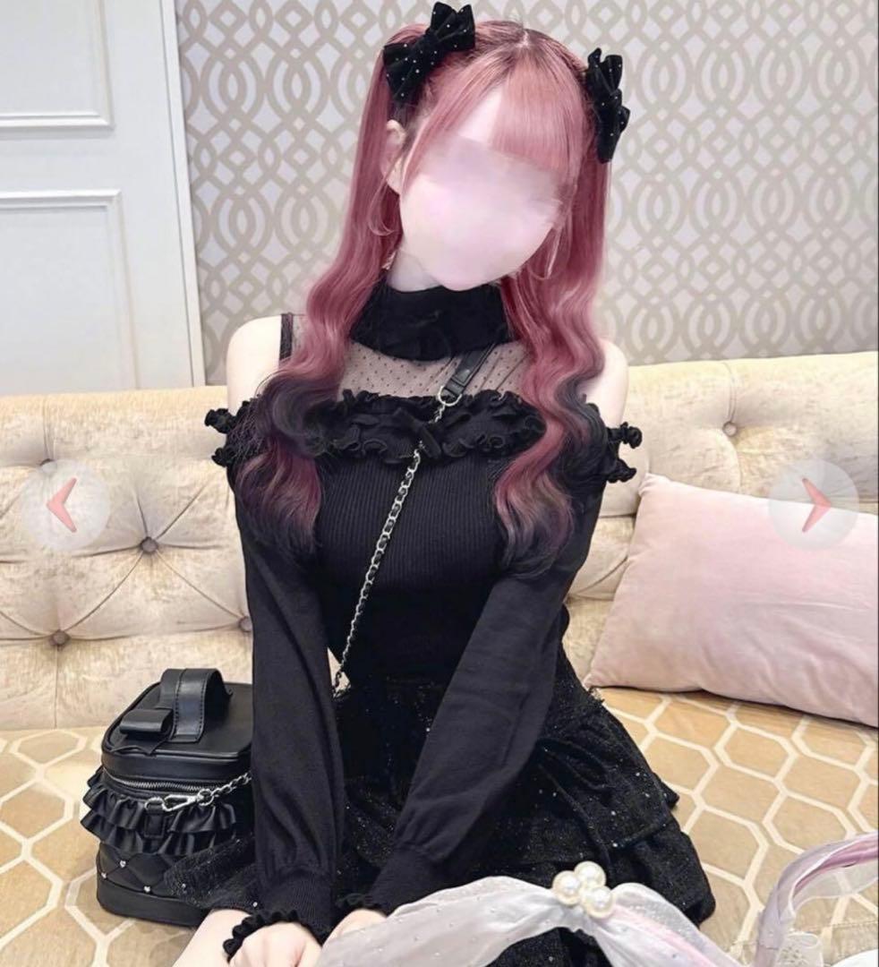 ハニーミュウ ドットチュール肩あきフリルトップス ブラック