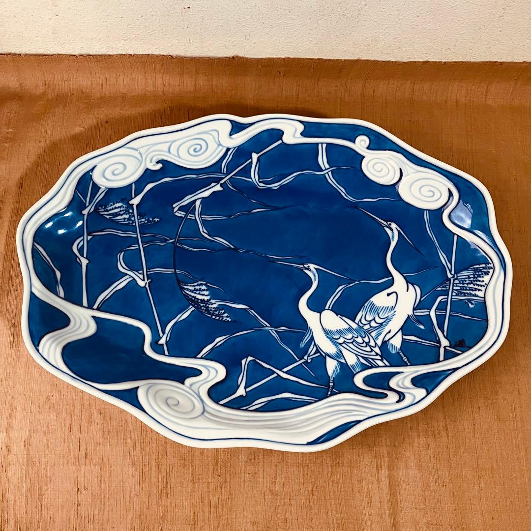 辻精磁社　14代　辻常陸　大皿　染付流水白鷺文　飾り皿 有田焼　辻製