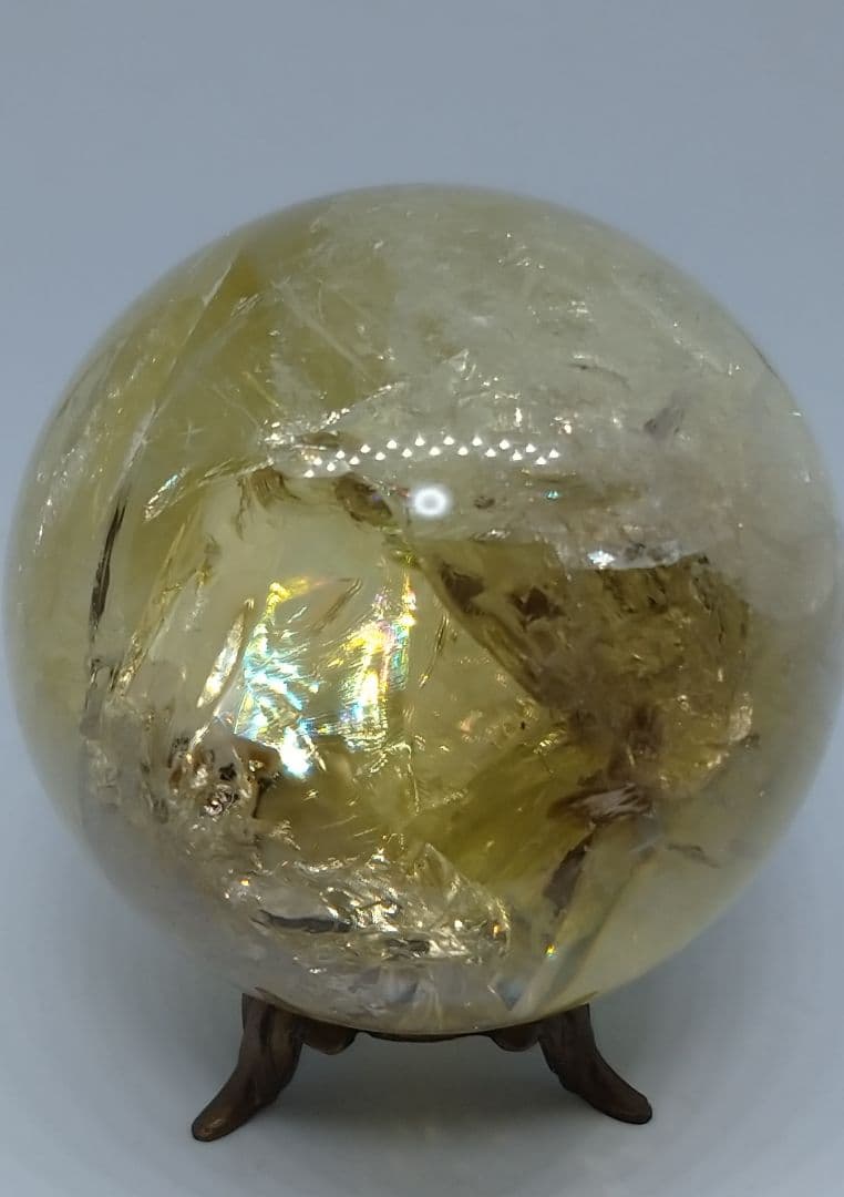 天然石■シトリン■虹(レインボー)入り■丸玉■スフィア■台座付き