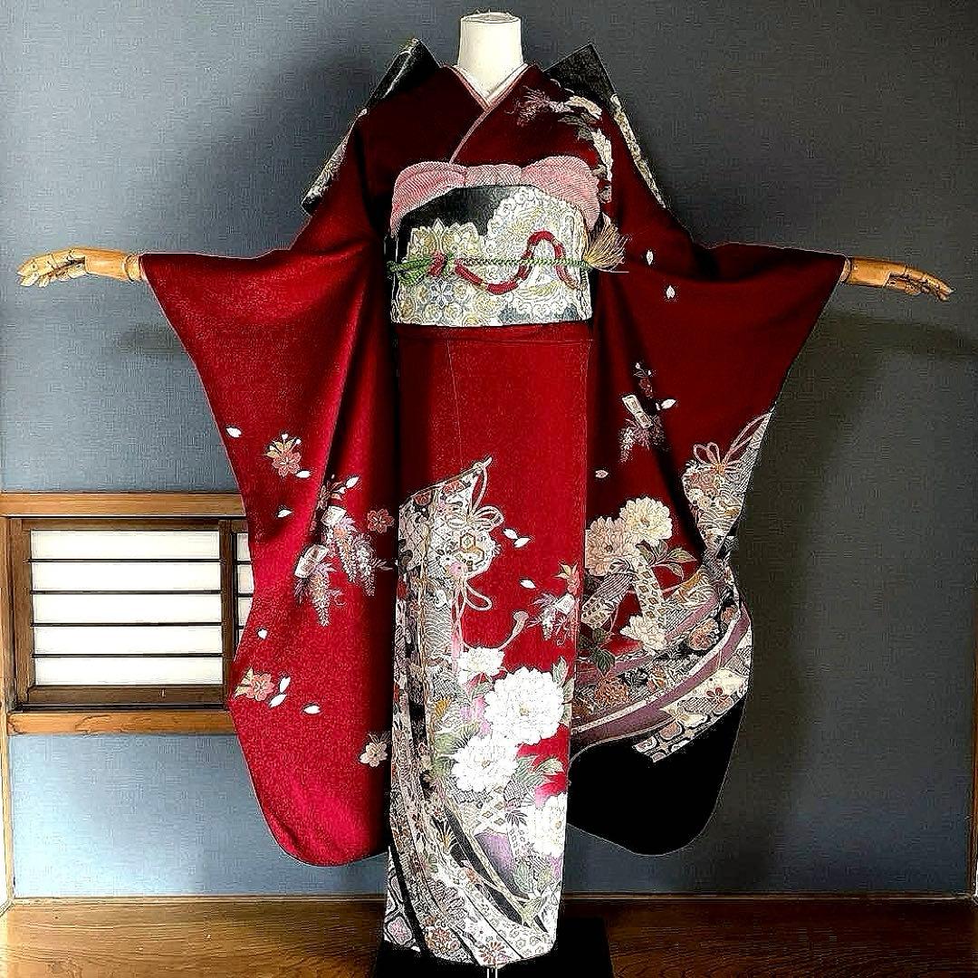 振袖フルセット　手描き友禅　のしめ牡丹　成人式振袖　振袖　裄丈69 赤系