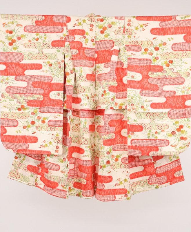 七五三　着物　3歳 女の子振袖 霞に吉祥模様 七宝立涌子供　赤 正絹　10RM4