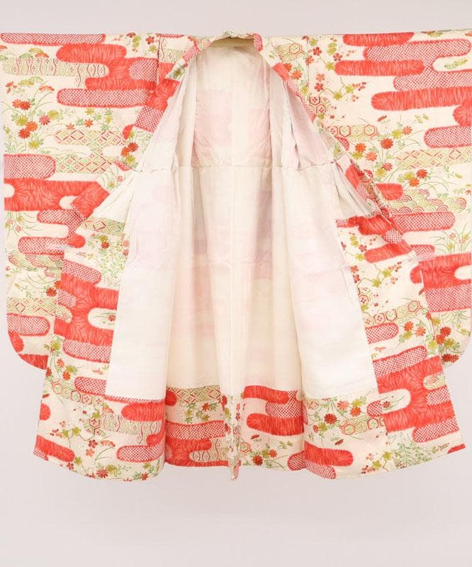 七五三　着物　3歳 女の子振袖 霞に吉祥模様 七宝立涌子供　赤 正絹　10RM4