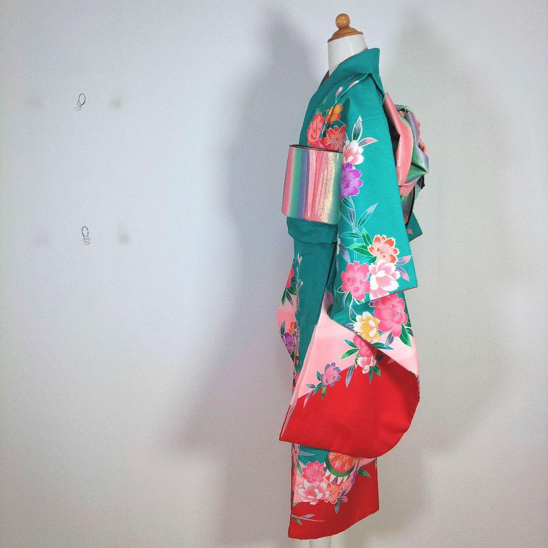 七五三　節句　七歳　7歳　女の子　着物　緑　手鞠　花柄　身丈133cm　帯セット