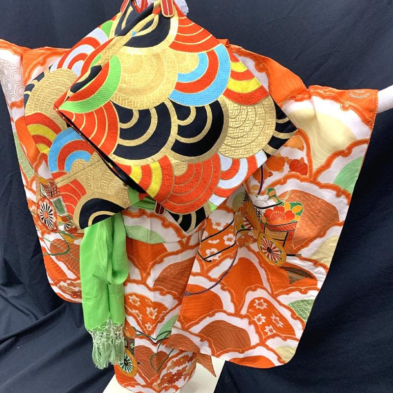 501ag91□七五三 七歳 女児 着物&袋帯 総柄 モダン 古典柄□状態良好