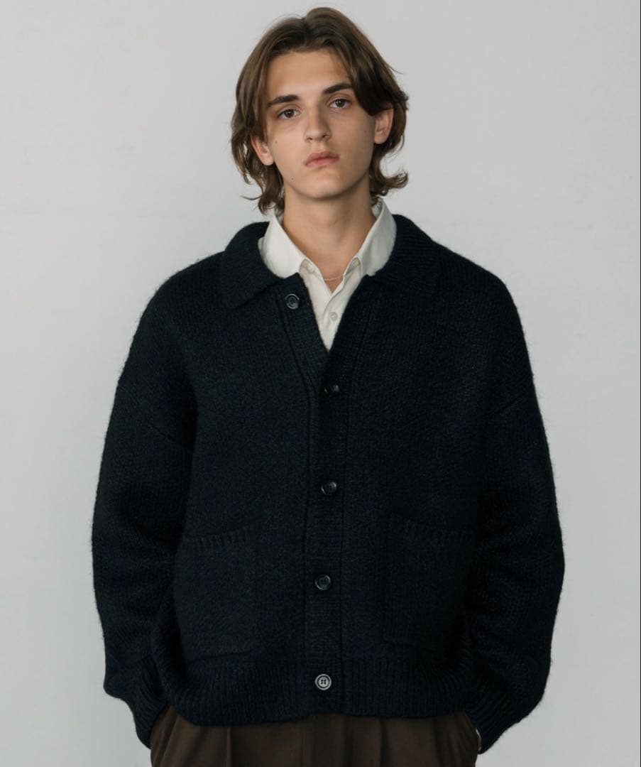 【LURAKU】 シャギーニットポロカーディガン　ブラック　Lサイズ