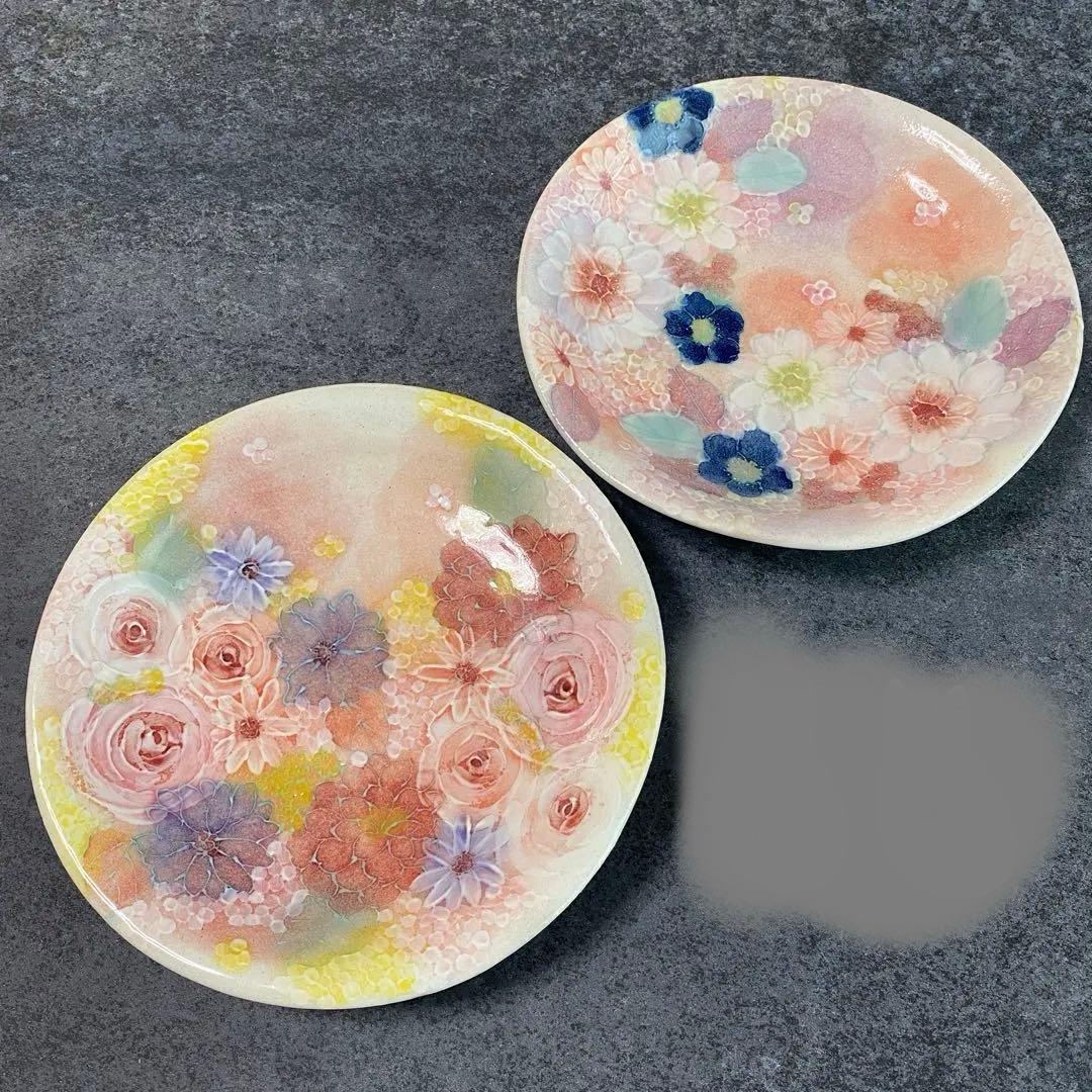 【野村晃子】未使用フラワープレート2枚　ゆずりは工房
