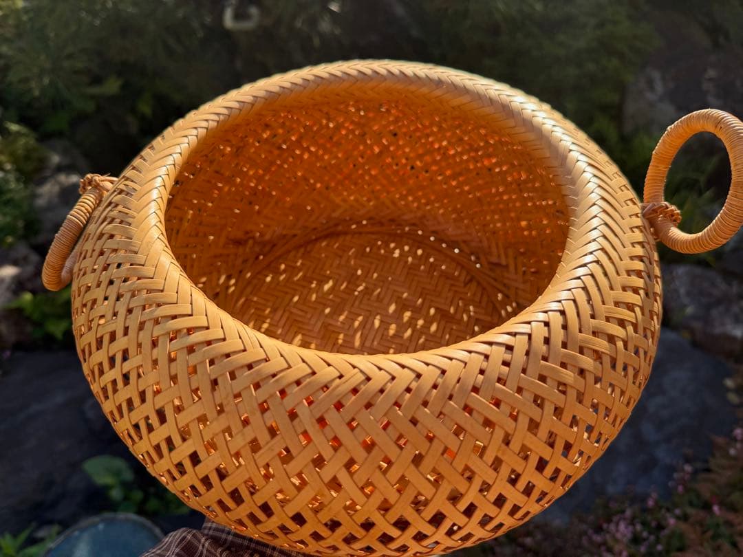 京都　素敵なヴィンテージ　天然竹製バスケット 持ち手付き　茶道