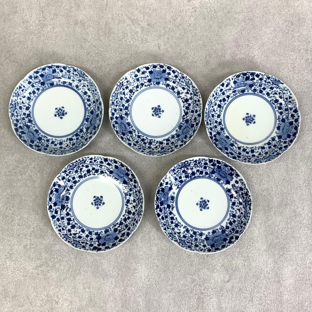 中皿 5点 直径15.3cm 花唐草 染付 藍色 青 古皿 伊万里 有田 ⑨