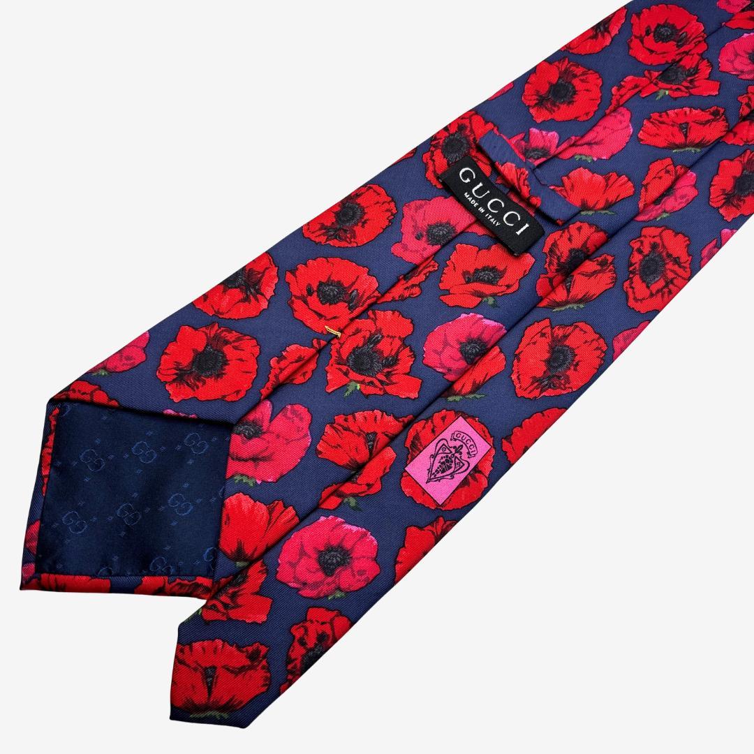 GUCCI シルクネクタイ フラワー柄 ポピー ネイビー×レッド