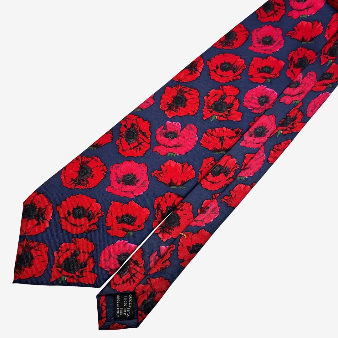 GUCCI シルクネクタイ フラワー柄 ポピー ネイビー×レッド