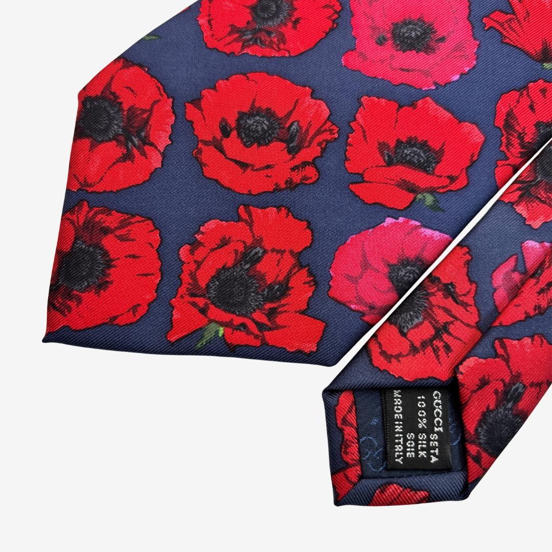GUCCI シルクネクタイ フラワー柄 ポピー ネイビー×レッド