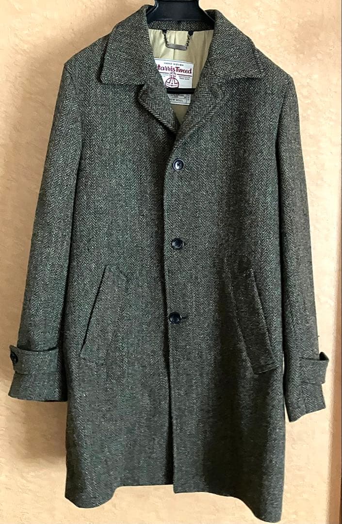 ［Harris Tweed］高級ウール100%ヘリンボーン柄ステンカラーコートM