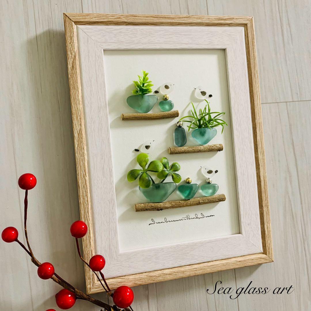 シーグラスアート 北海道 シマエナガ 観葉植物 インテリア雑貨 壁掛け 置物
